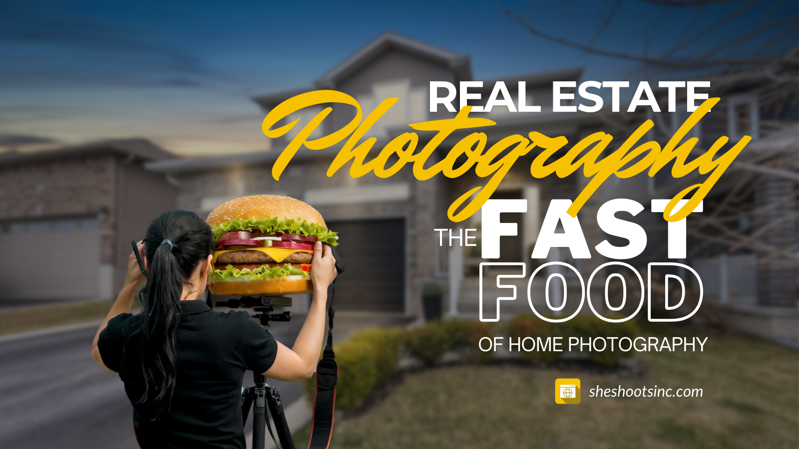 Image displaying woman with burger pretending to photograph a house with it