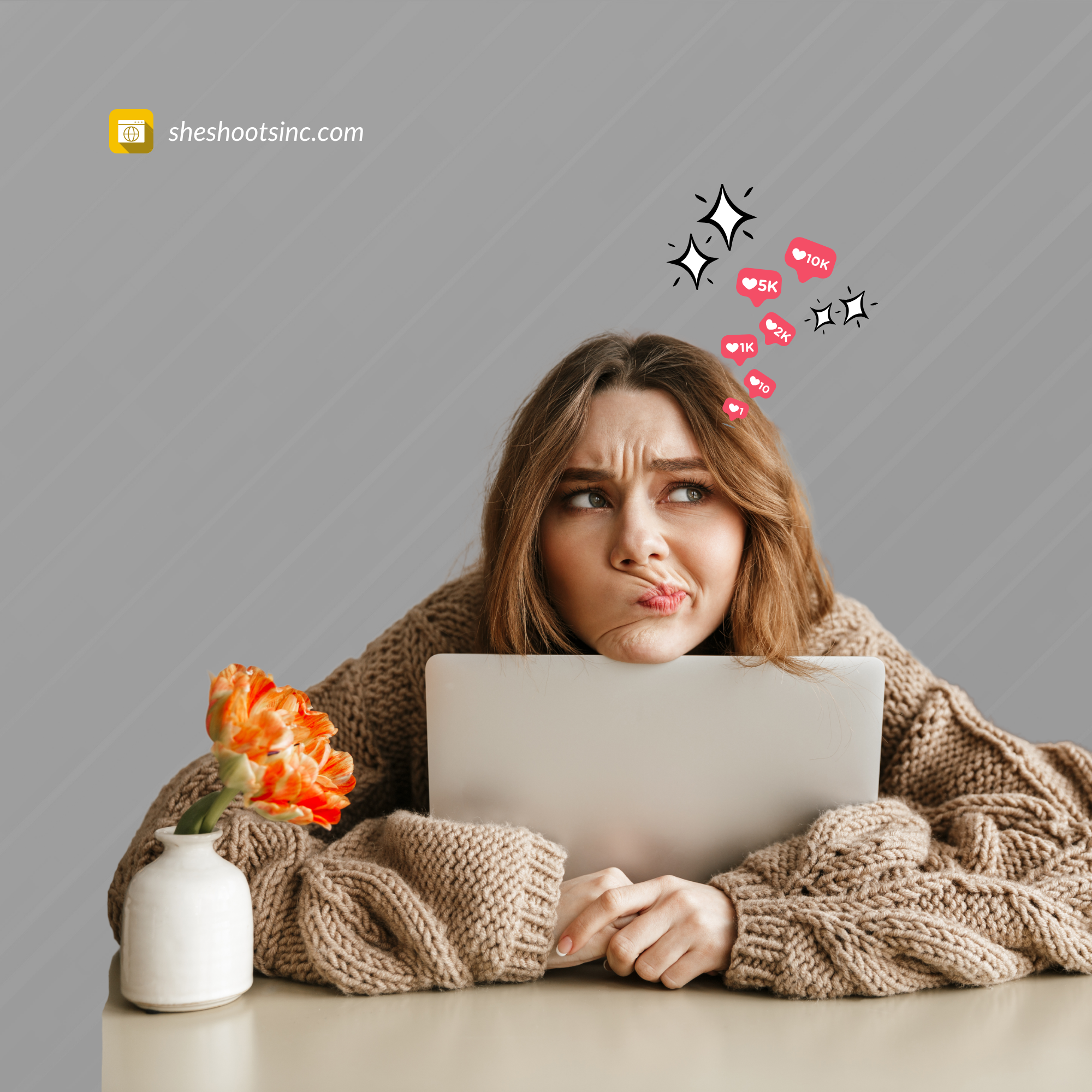 Image displaying a woman with a computer thinking with text above saying social media marketing collab tool