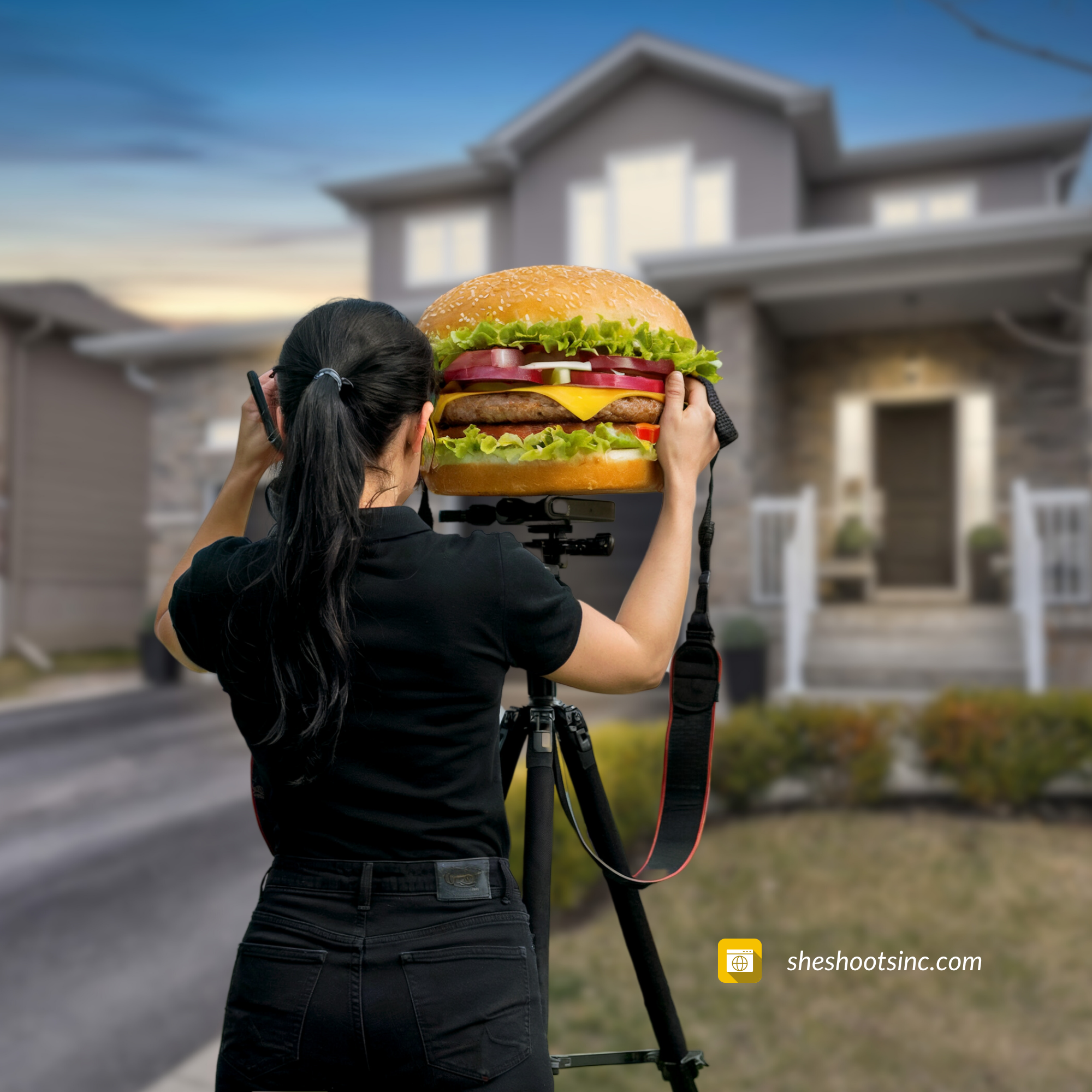 Image displaying woman with burger pretending to photograph a house with it